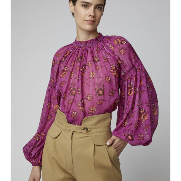 Ulla Johnson Tops - Ulla Johnson Arnoux Blouse High Ruffle Neck Floaty Fuchsia Metallic Floral